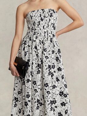 NWT! Polo by Ralph Lauren Black & White Strapless Floral Maxi Dress